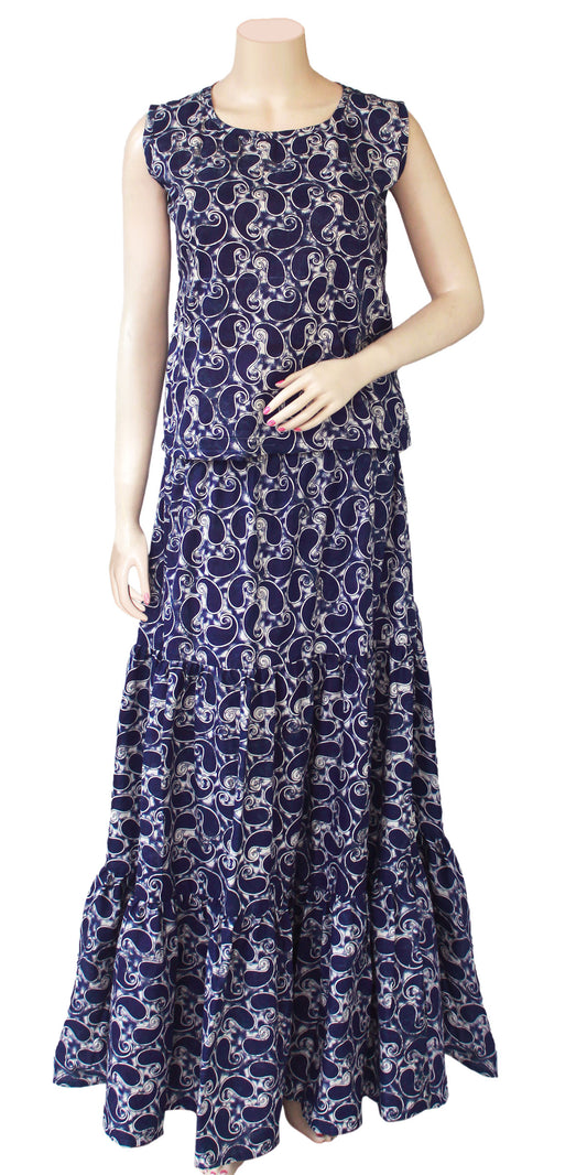 Indigo Paisley Print Pure Cotton short Top With Skirt Ankle Length