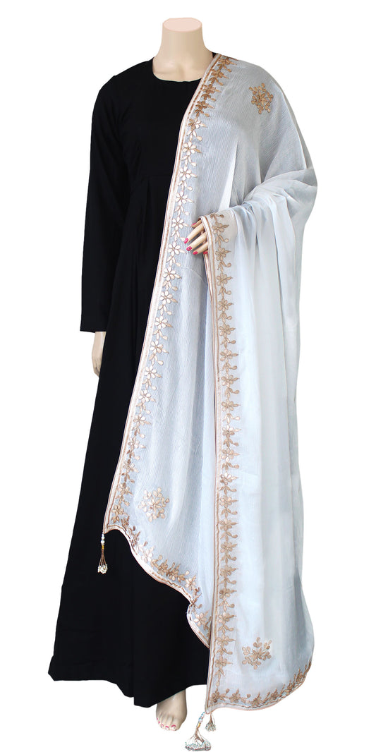 White Pure Chinon Dupatta with Gota patti Handwork & fancy pearl Pendant flowers and leaves Pattern Hand Embroidery Rajasthani Stole Wrap ACD21744