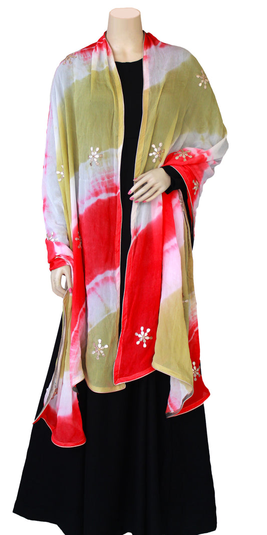 Tie & Dye Chinon Dupatta with Gota patti Handwork flowers Pattern Hand Embroidery Rajasthani Stole Wrap ACD21745