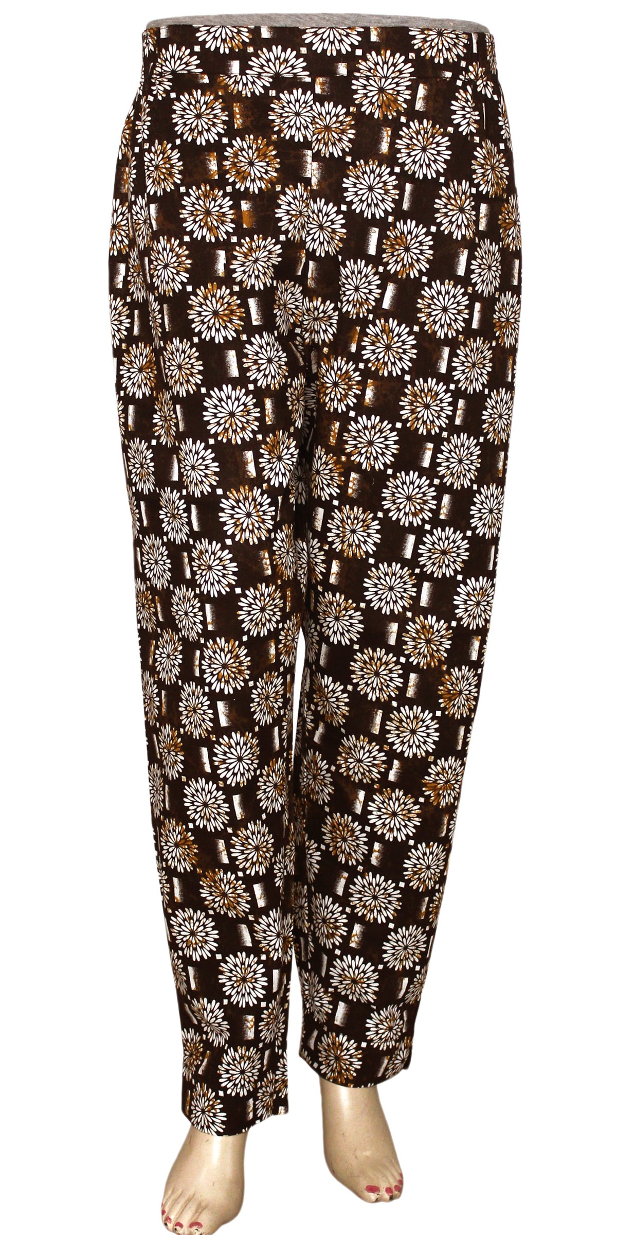 Brown & white Floral Batik Print Cotton Women's Fitted Skinny Pants Trousers