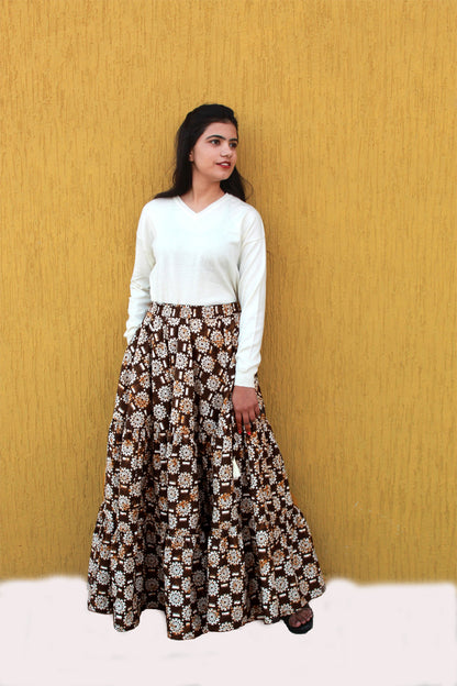 Brown Floral Print Boho Cotton Skirt