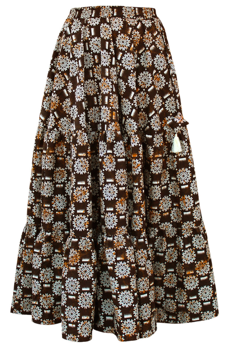 Brown Floral Print Boho Cotton Skirt