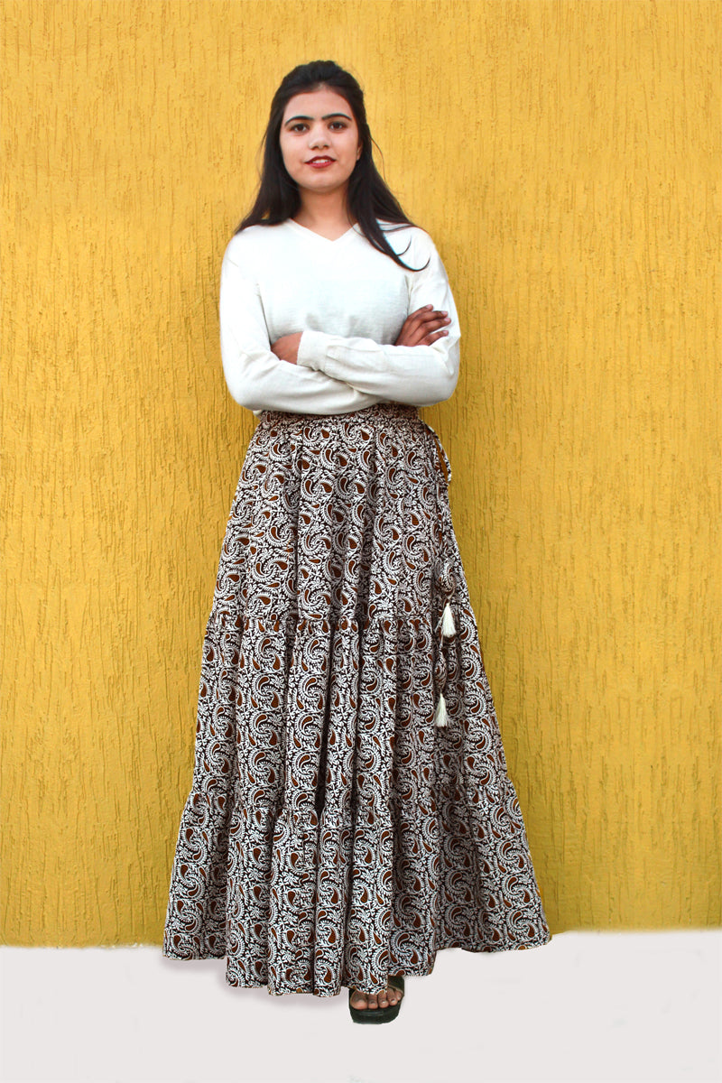 Brown & White Paisley Print Boho Cotton Skirt