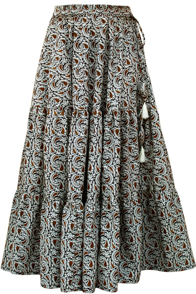 Brown & White Paisley Print Boho Cotton Skirt