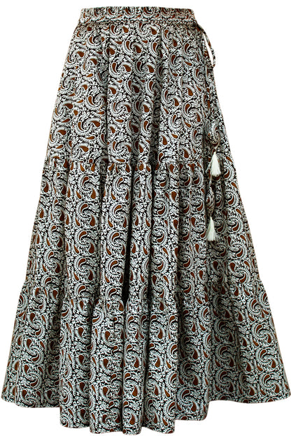 Brown & White Paisley Print Boho Cotton Skirt