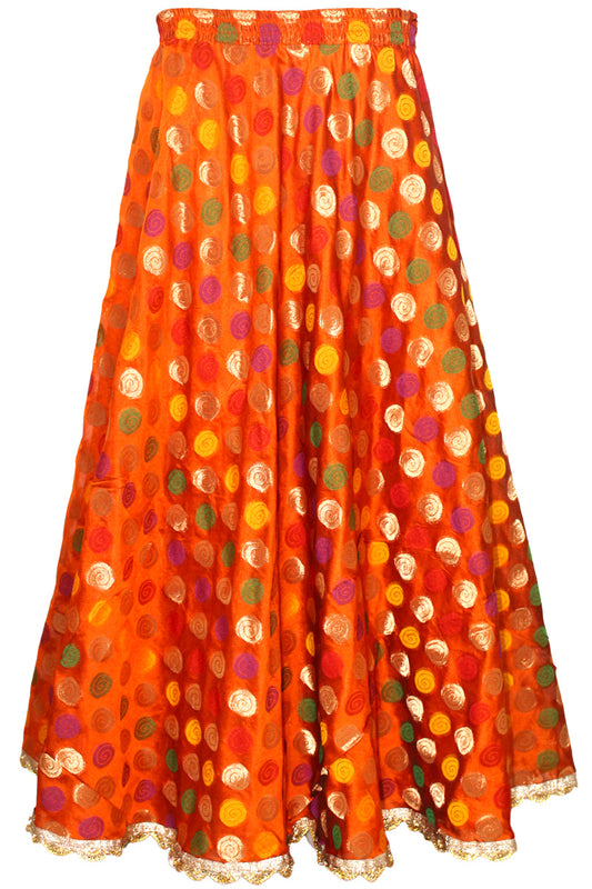 Orange Banarasi Lehenga Skirt Festive Indian Zari Brocade Border Long Bias Cut Drawstring Party Ethnic Polkadot Traditional Skirts ACS21245