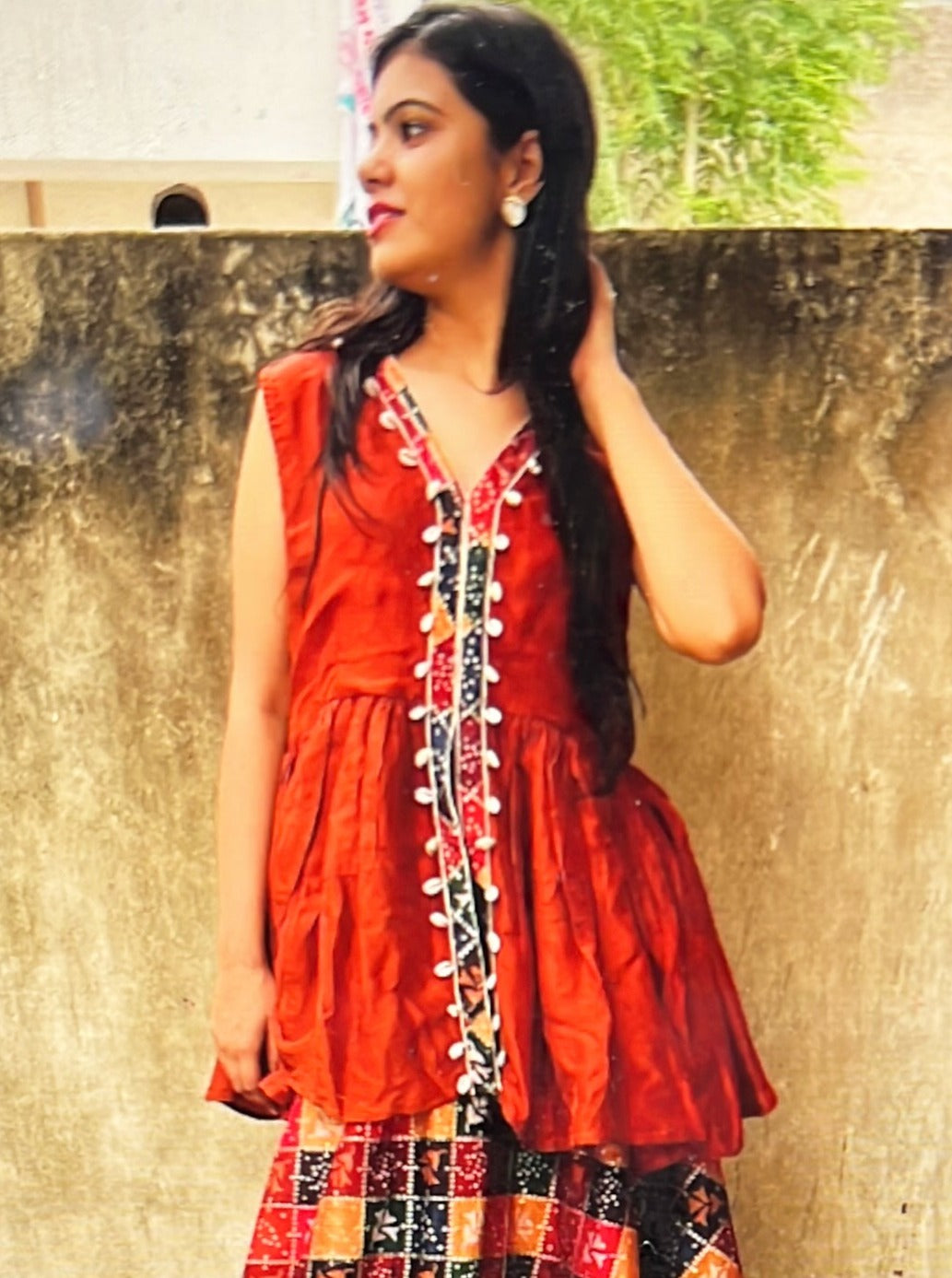 Embroidered Rust Red Kurta Long Skirt with Long Kurti Set