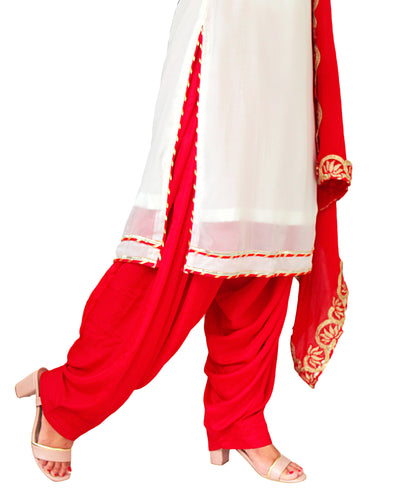 Red and White Color Georgette Kurti and Dupatta with Viscose Silk Patiala Salwar