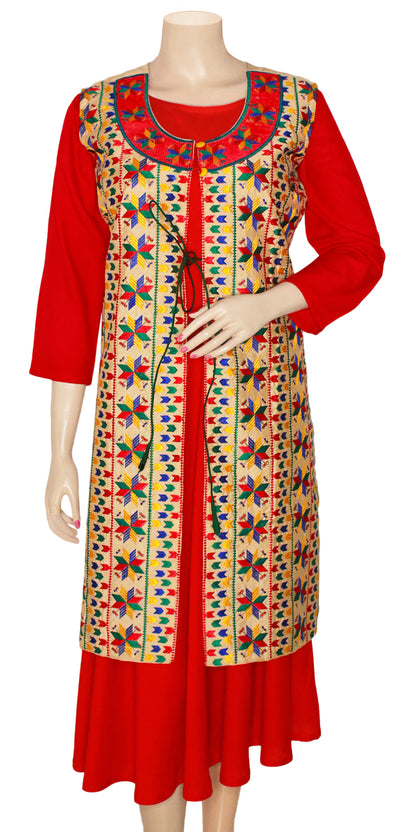 Red Rayon dress with Multicolor Phulkari Jacket