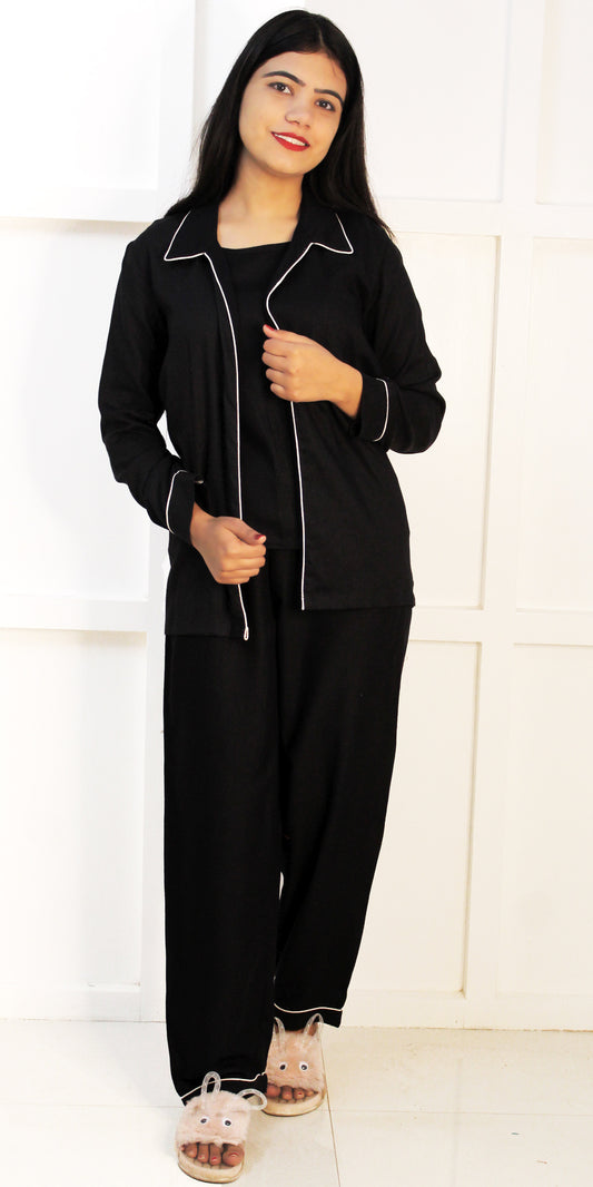 Black 3-Piece Rayon Nightdress Set with Jackets