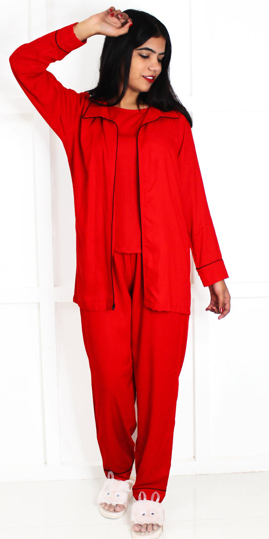 Red 3-Piece Rayon Nightdress Set with Jackets
