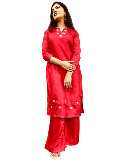 Red color, Gota Patti Handwork Kurti with Palazzo Pants & Dupatta Set