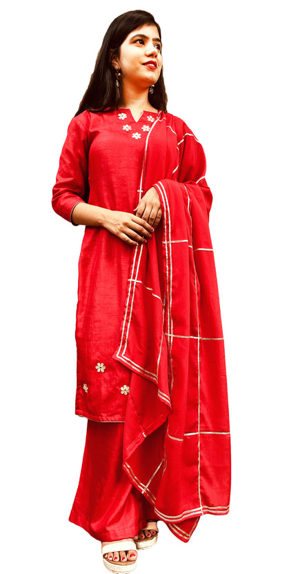 Red color, Gota Patti Handwork Kurti with Palazzo Pants & Dupatta Set