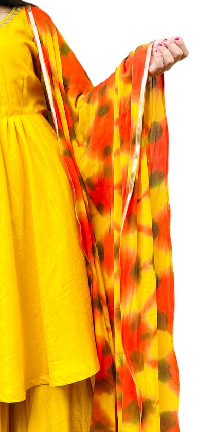 Yellow Silk Sharara Dress with Pure Chinon hand tie n dye Dupatta