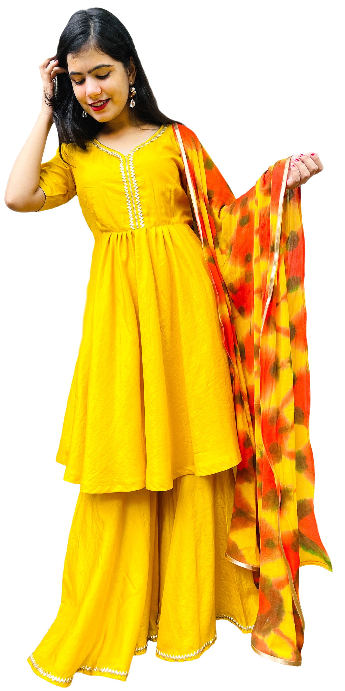 Bright Yellow Sharara Dress, Yellow Gota Patti embroidered sharara Dress, Ready to wear Fancy Sharara Suit, Haldi bridal wear, Indian Partywear Sharara Suit, Punjabi Flared bottom Suit, Sharara with Kurta and Dupatta, Sharara With kameez, Sharara with top