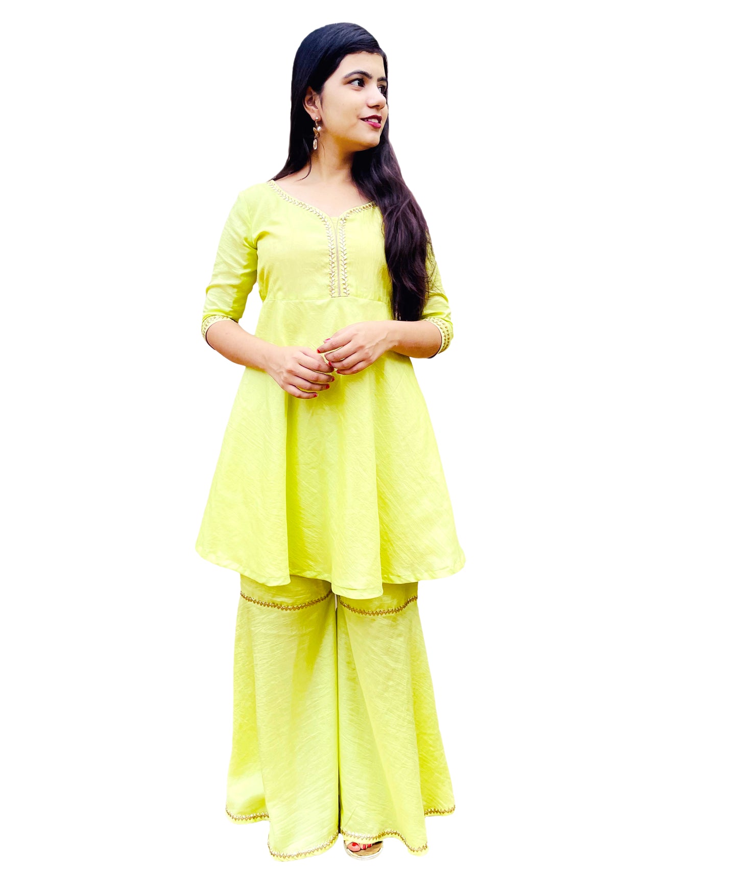 Light yellow green color Silk Gharara Dress with Embroidered Net Dupatta