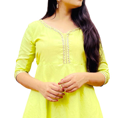 Light yellow green color Silk Gharara Dress with Embroidered Net Dupatta