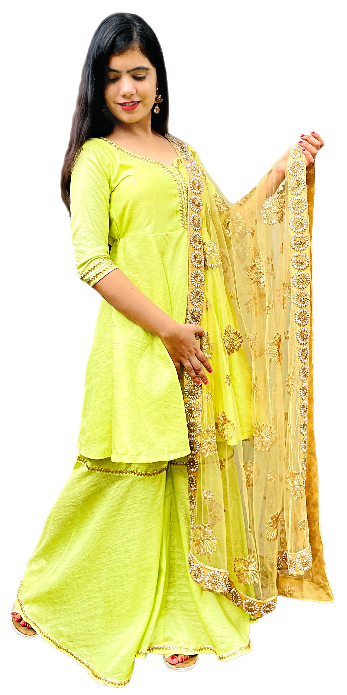 Lime Yellow Sharara Dress, Yellow  Gota Patti embroidered sharara Dress, Ready to wear Fancy Sharara Suit, Indian Partywear Sharara Suit, Punjabi Flared bottom Suit, Sharara with Kurta and Dupatta, Sharara With kameez, Sharara with top