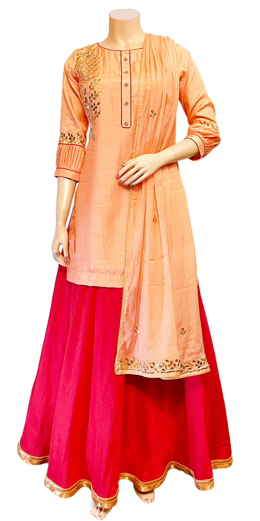 Peach & Pink Color, Lacha Dress HandWork Kurta, Lehenga with Pure   Chinon Dupatta Set