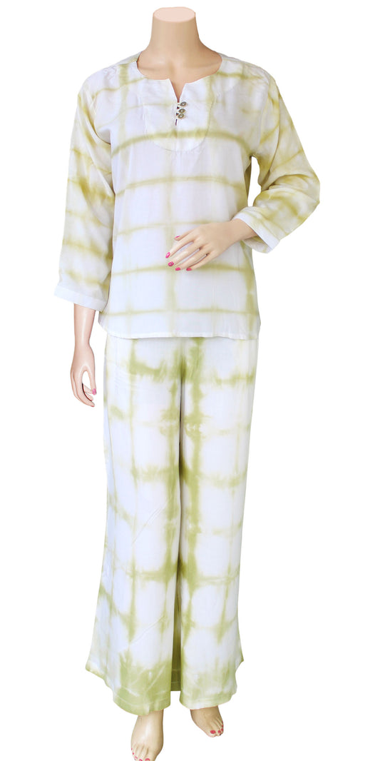 White and Olive green Hand Tie Dye Palazzo and Top Set
