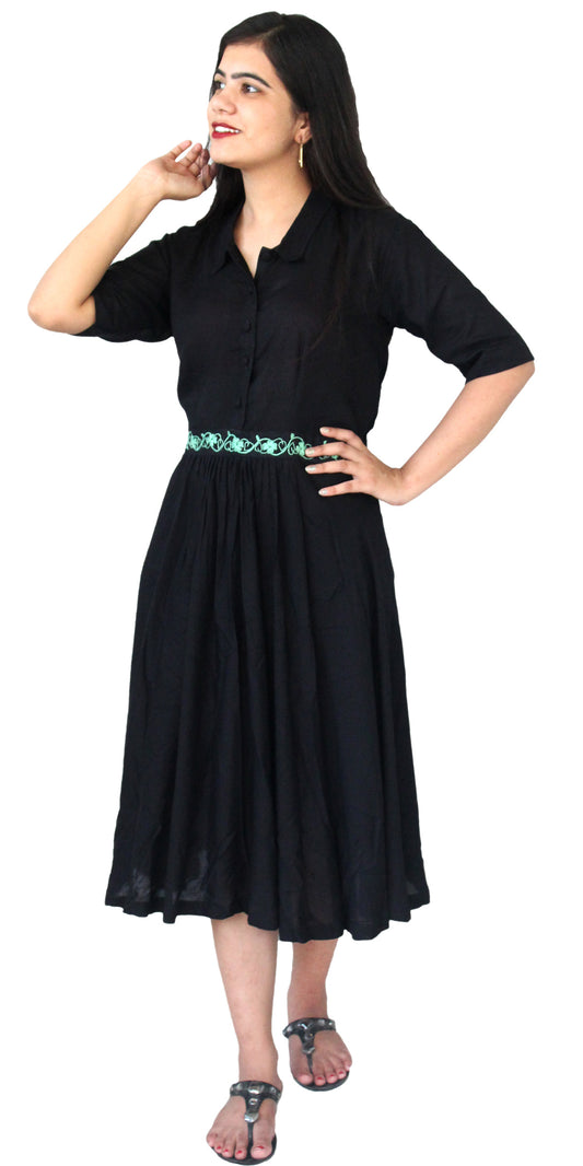 Black Rayon Half Sleeves Collared Neckline Knee Length Dress with hand embroidered Waistband ARD21467