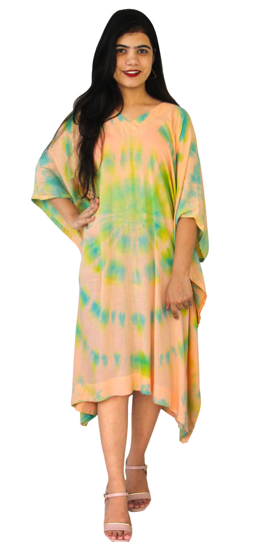 Tie & Dye Rayon Slub Kaftan/caftan Dress Peach color Boho Chic Fashionable Evening Comfortable Maternity