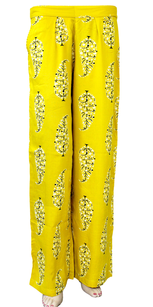 Leaf Print Yellow Rayon Palazzo Pants Trouser BOHO Bell Bottom Fashion Casual Elastic Waist Comfortable Work Attire - ARP21257