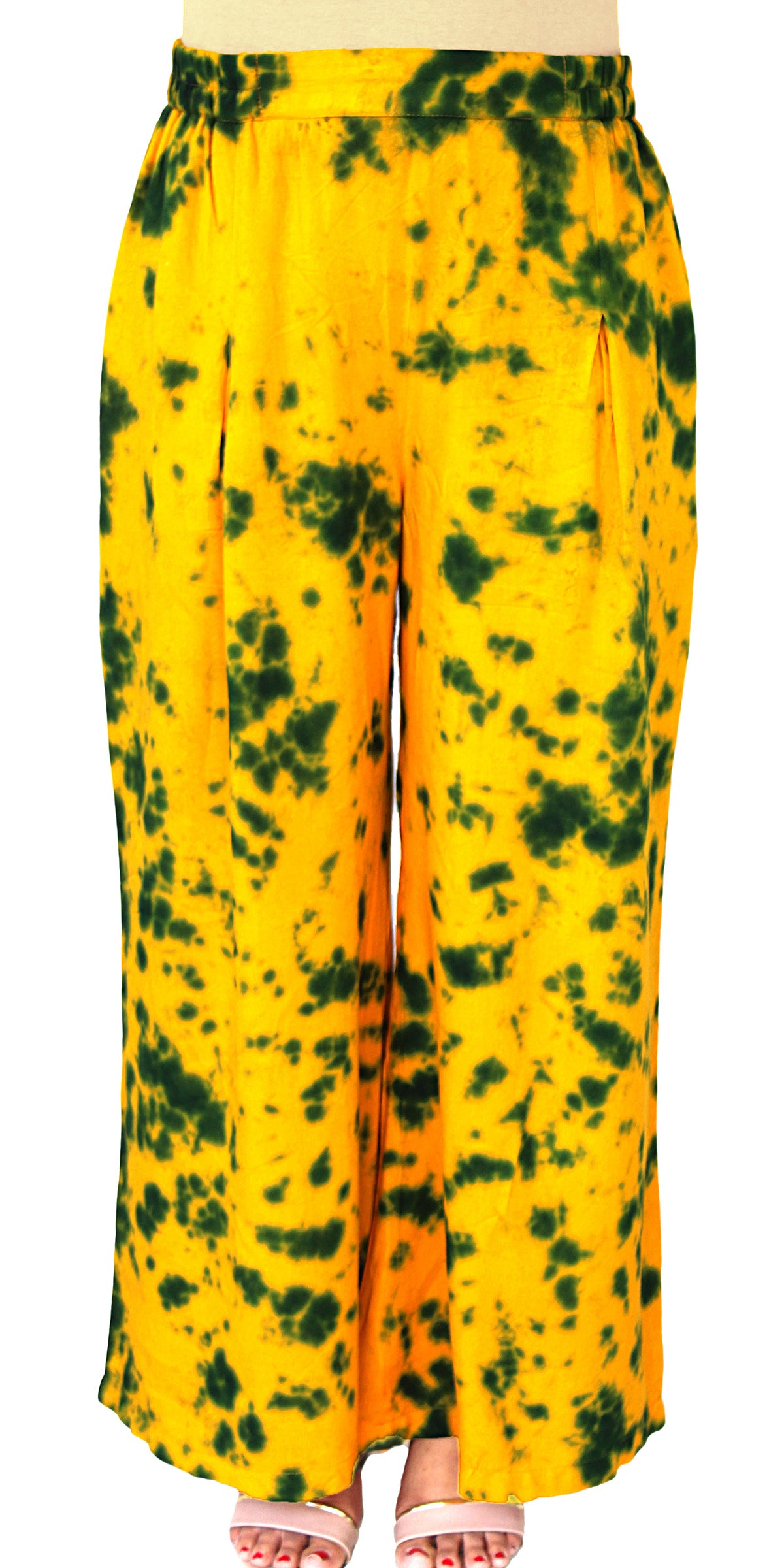 Yellow and green Hand Tie n Dye Palazzo Pants in Rayon Summer Work comfortable Elastic Waist Palazzo Pants ARP21285