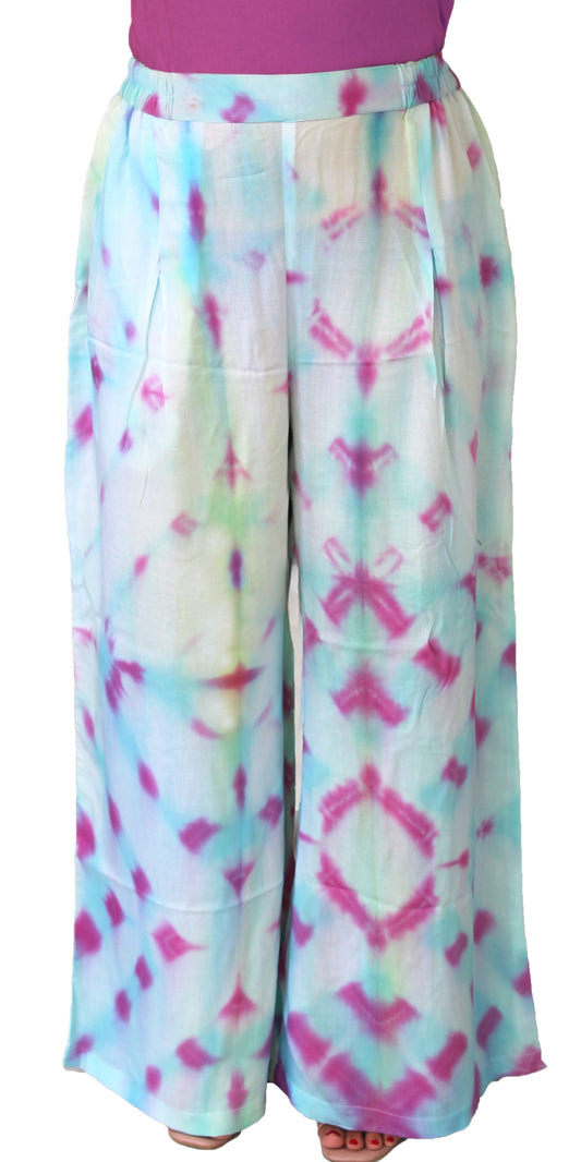 White and Magenta Hand Tie n Dye Palazzo Pants in Rayon comfortable Elastic Waist Palazzo Pants ARP21290