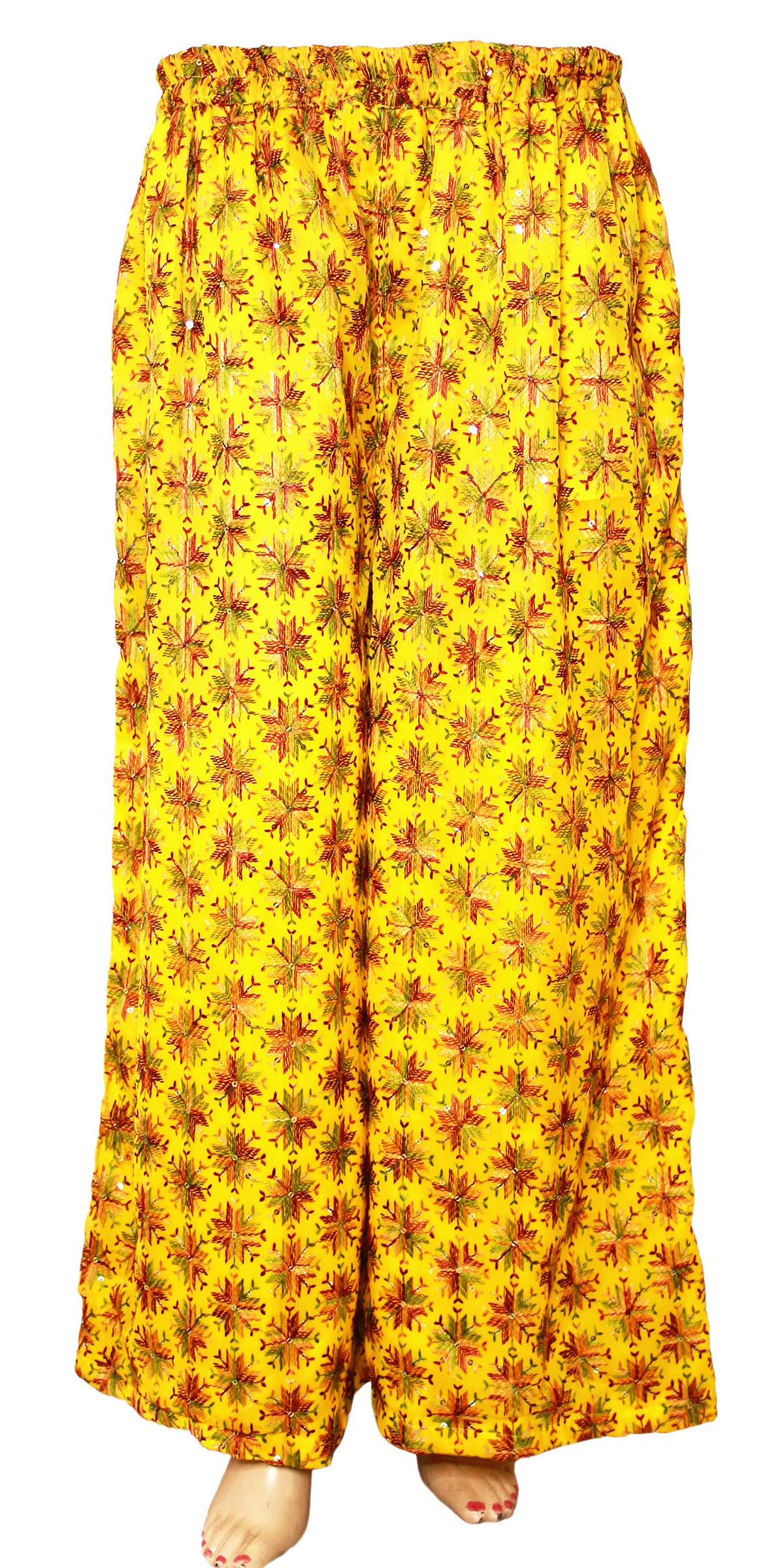 Yellow Phulkari Embroidered Wide Leg Palazzo Pants with Pocket