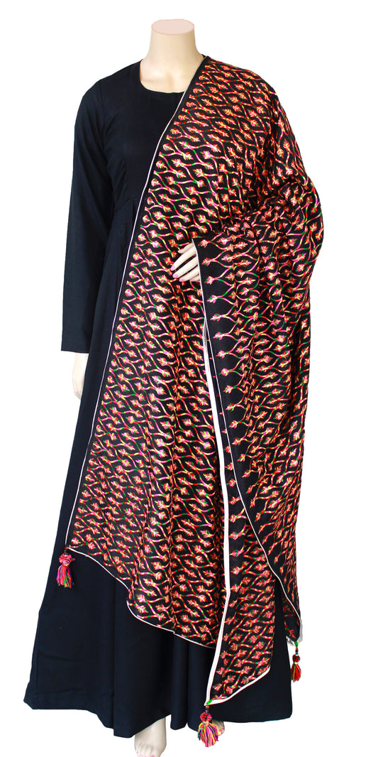 Phulkari Uppada Silk Dupatta with Sequins & Pendant Multi Color Geometric Pattern Embroidery Punjabi Stole Wrap ACD21742