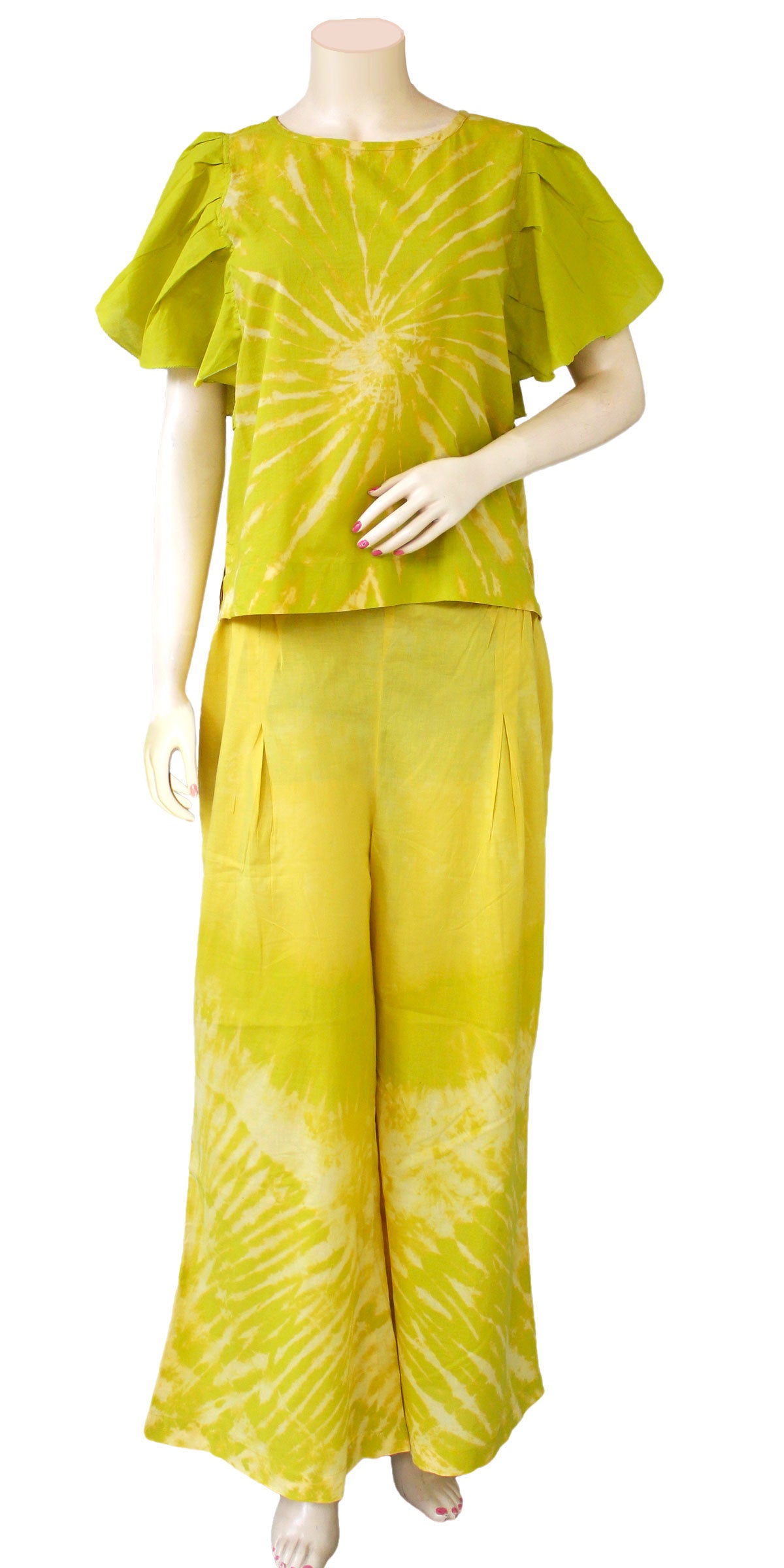 Lime Green Reverse Hand Tie Dye Palazzo Dress in Pure Cotton Voile