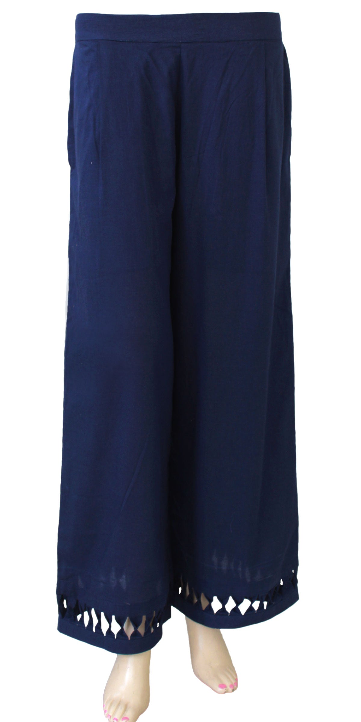 Navy blue Pure Voile Designed Hem Palazzo Pants Trouser BOHO Bell Bottom Fashion Soft Casual Elastic Waist Comfortable Stylish - AVP21259