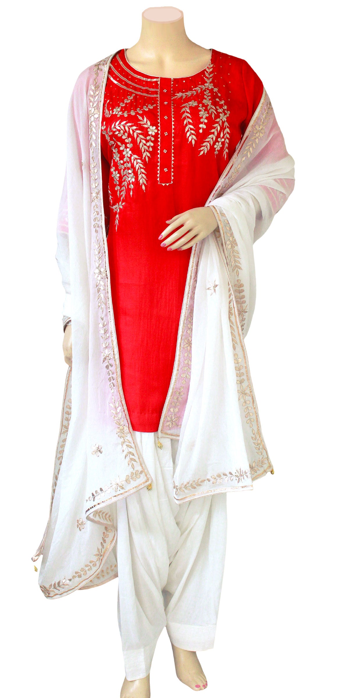 Red White Salwar Suit, Golden white, Full Patiala salwar Kameez, With Gota patti Dupatta Work, Gota Patti Hand embroidery, Silk Salwar Kameez, Embroidered Salwar kameez, punjabi salwar suit, Indian Salwar suit for wedding, Partywear salwar suit, Bride to be Indian Dress