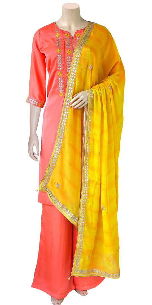 Palazzo with Stole Dress, Embroidery Work, Orange Indian Dress 3 piece, Traditional Partywear dress, Hand work Kurti and Palazzo Suit, Embroidery work on Dupatta , Kurta and Palazzo, special palazzo 3 piece set, Kurta and palazzo heavy neck work Long Kurta and Palazzo with Dupatta, Orange palazzo, long top and stole set, 3 piece Indian outfit for women