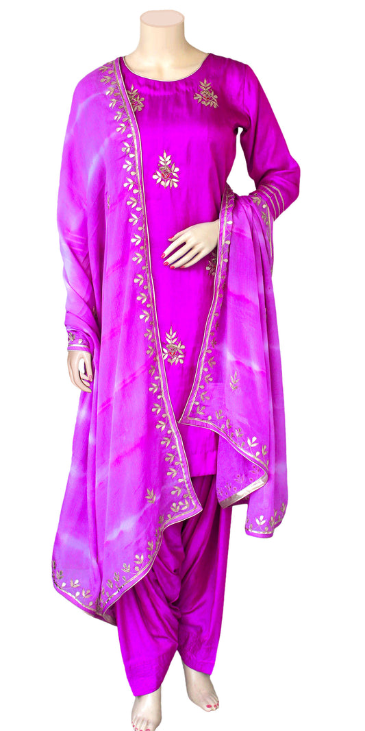 Purple full Patiala Salwar Kameez, With Gota patti Dupatta Work, Gota Patti Hand embroidery, Silk Salwar Kameez, Embroidered Salwar kameez, punjabi salwar suit, Purple Indian Salwar suit for wedding, Partywear salwar suit