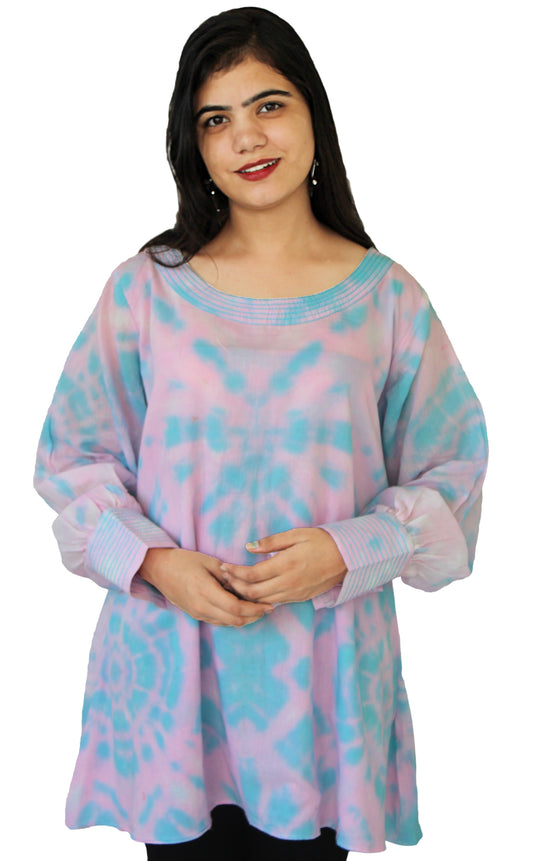 Pink Color Cotton Voile Hand Tie Dye cuff sleeves Tunic/Top AVT21351
