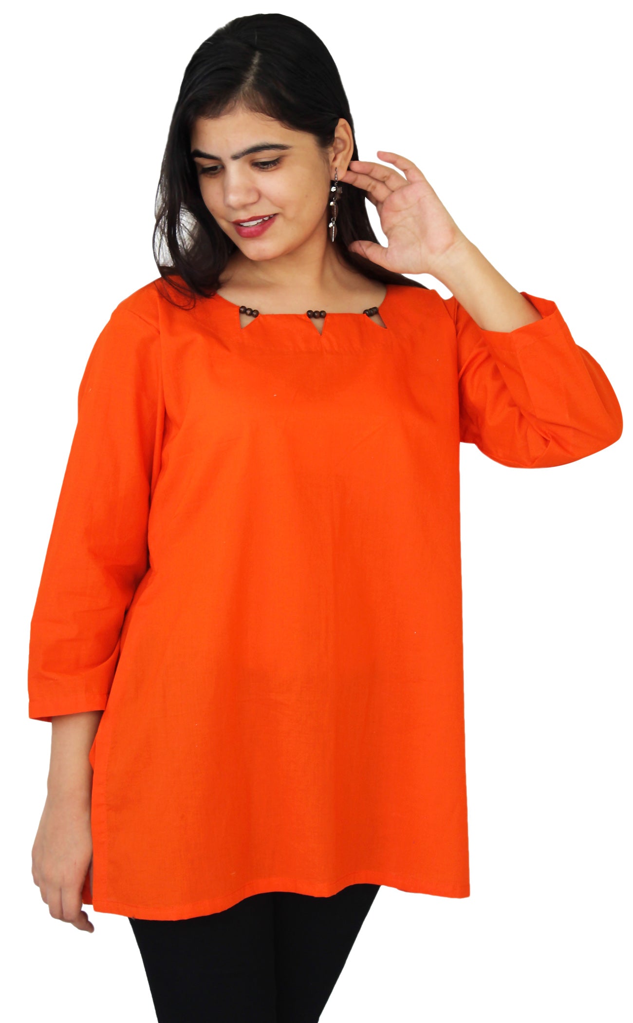 Orange Cotton Voile Design Neckline 3/4 Sleeves Tunic/Top AVT21352
