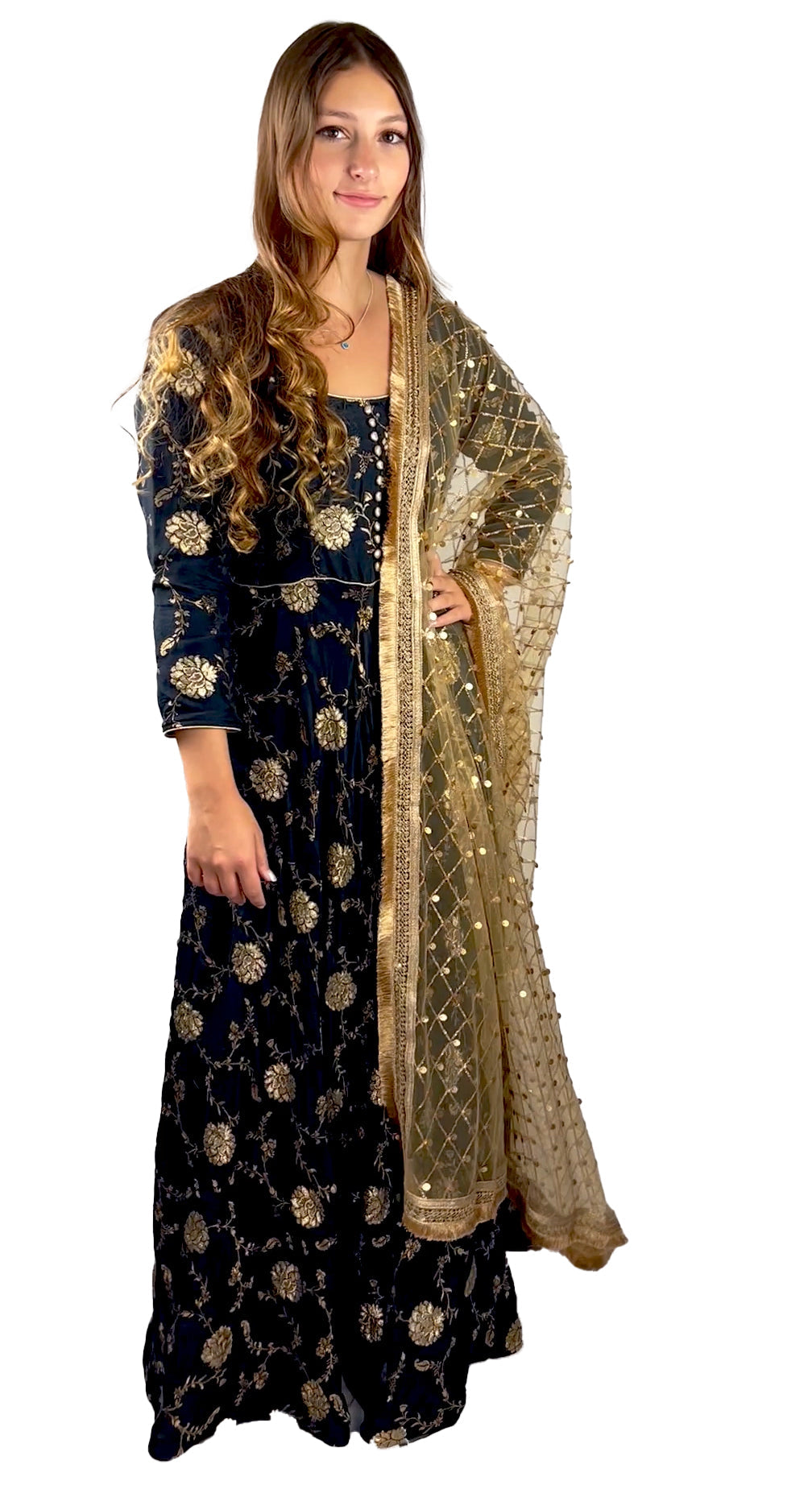 Long Black Dress Silk Dress, Partywear Floor Length Dress  with Golden Net Stole