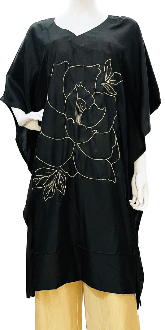 Black Kaftan Dress, Floral Kaftan , Hand embroidered Kaftan, Beach wear, Resort wear, Wedding robe, Rose design, Kaftan for Plus Size