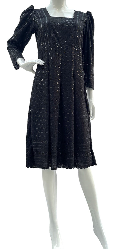 Black Sequins Calf Length Dress, Full Embroidered