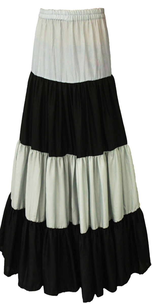 Black & Grey color Viscose Silk Ankle Length Skirt Comfortable Elastic Waist Flared Layer - AVS21289