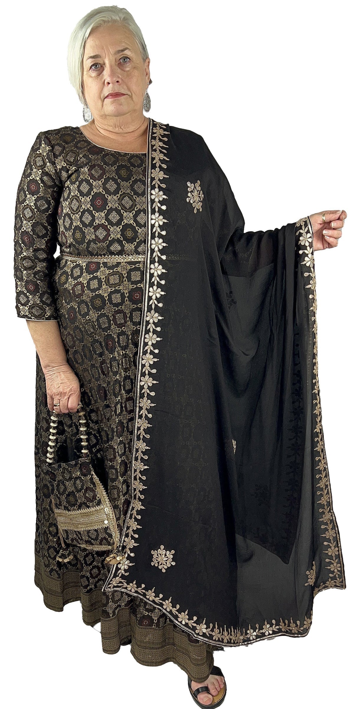 Pure Silk Long Black Brown Dress, Partywear Floor Length Dress with Black Dupatta