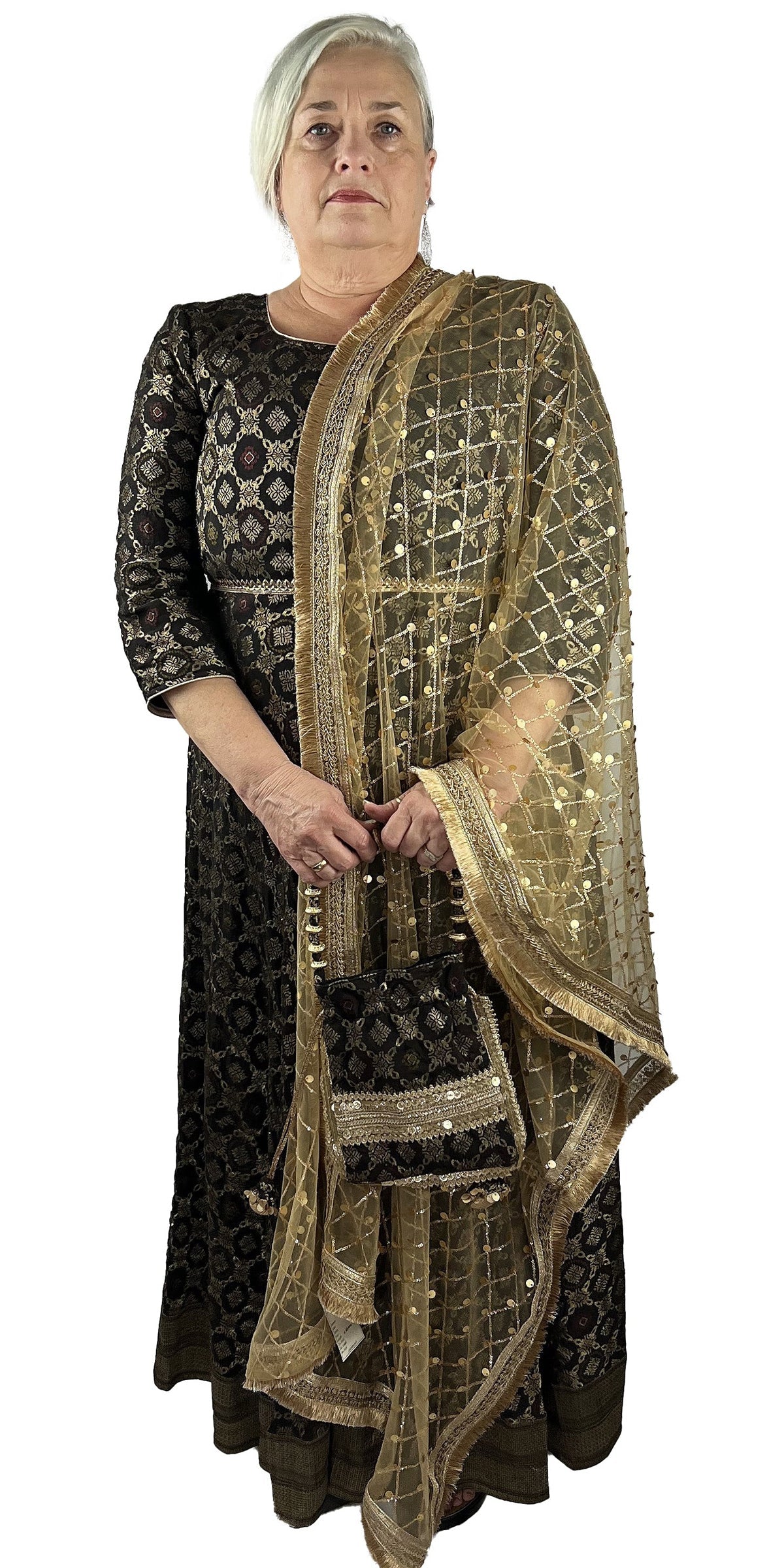 Pure Silk Long Black Brown Dress, Partywear Floor Length Dress with Net Dupatta