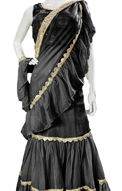 Black Pure Chinon Saree, Ready to wear Sari, Skirt Saree with Pure Dola SILK Blouse