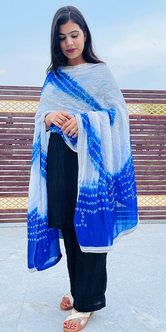 Blue Indian Tie dye long Stole, White Bandhini Dupatta with Gota, Royal Blue Bhandej, Silver Rajasthani Dupatta, blue Jaipuri Stole, Bright Blue Chunni, Blue Gujrati Odini, Long Stole casual, Indian Ethnic Dupatta, Indian Folk Dress, Garba night Stole, Dupatta for plain suits