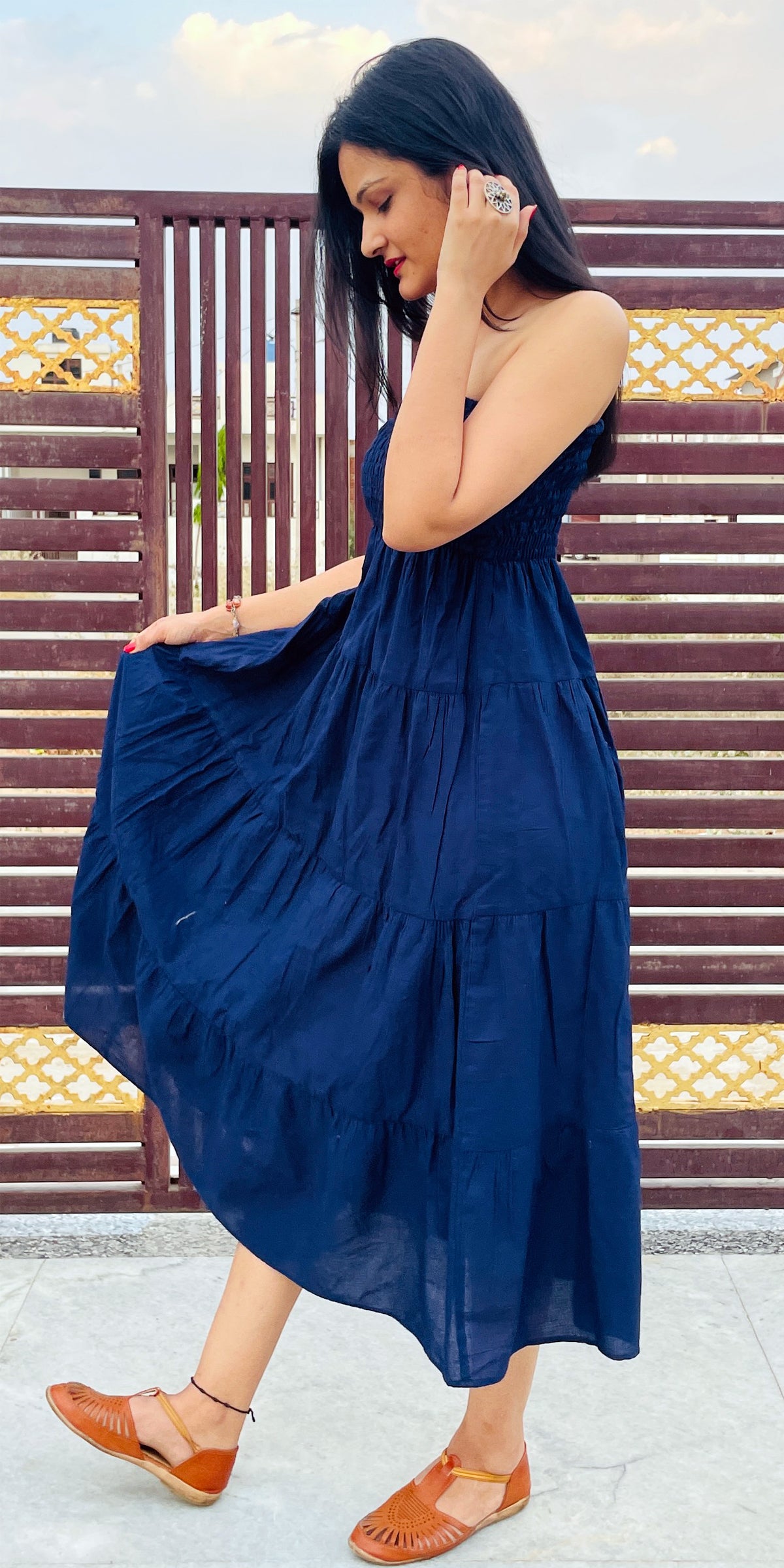 Navy Blue Tiered Dress Shirred flexible broad band, Gathered, Summer D