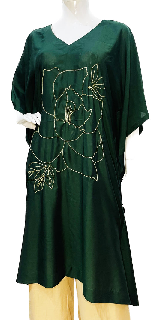 Green Kaftan Dress, Emerald Green Floral Kaftan , Bottle Green Hand embroidered Kaftan, Beach wear, Green Resort wear, Wedding robe, Rose design, Kaftan for Plus Size