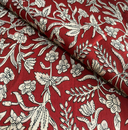 Pure Cotton Cambric Block Print Fabrics, Floral design, Garden Print Maroon