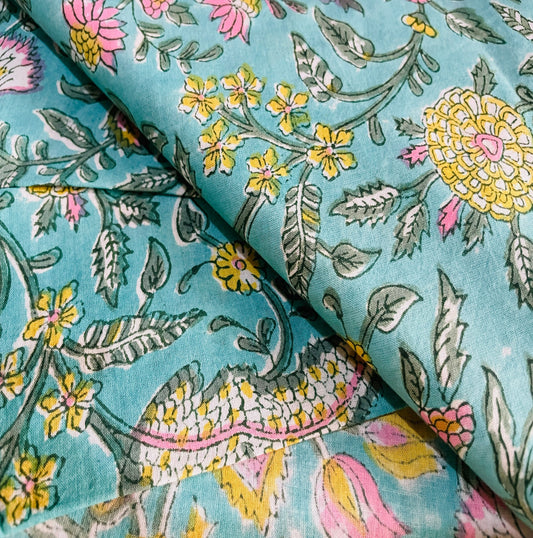 Pure Cotton Cambric Block Print Fabrics, Colorful Floral design, Garden Print